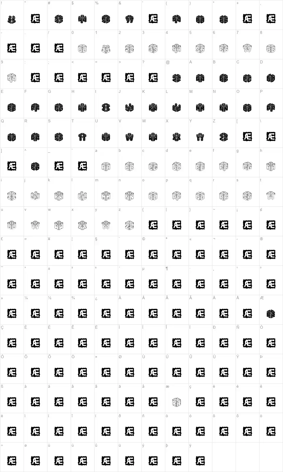 3D Letfont character map
