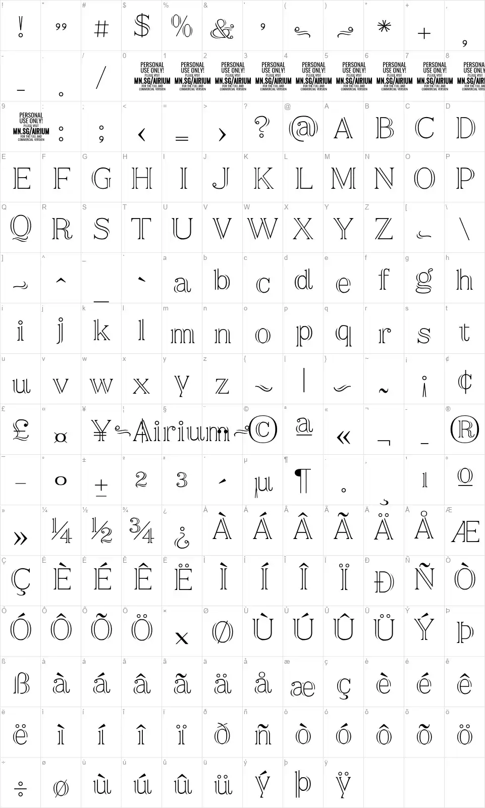 Airiumfont character map