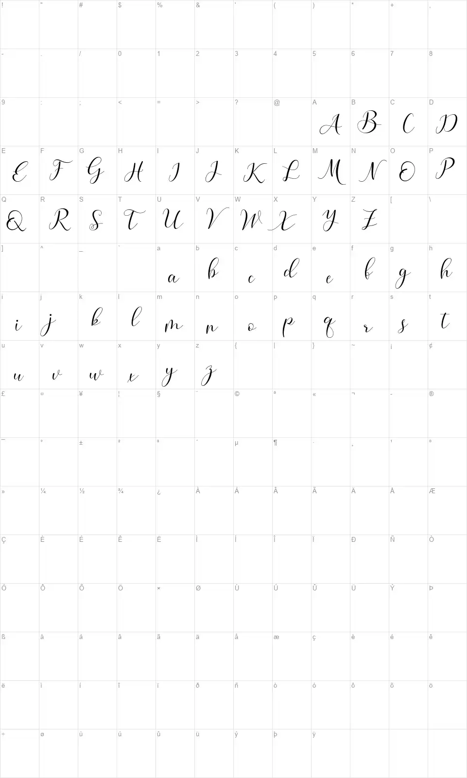 Aliyanafont character map