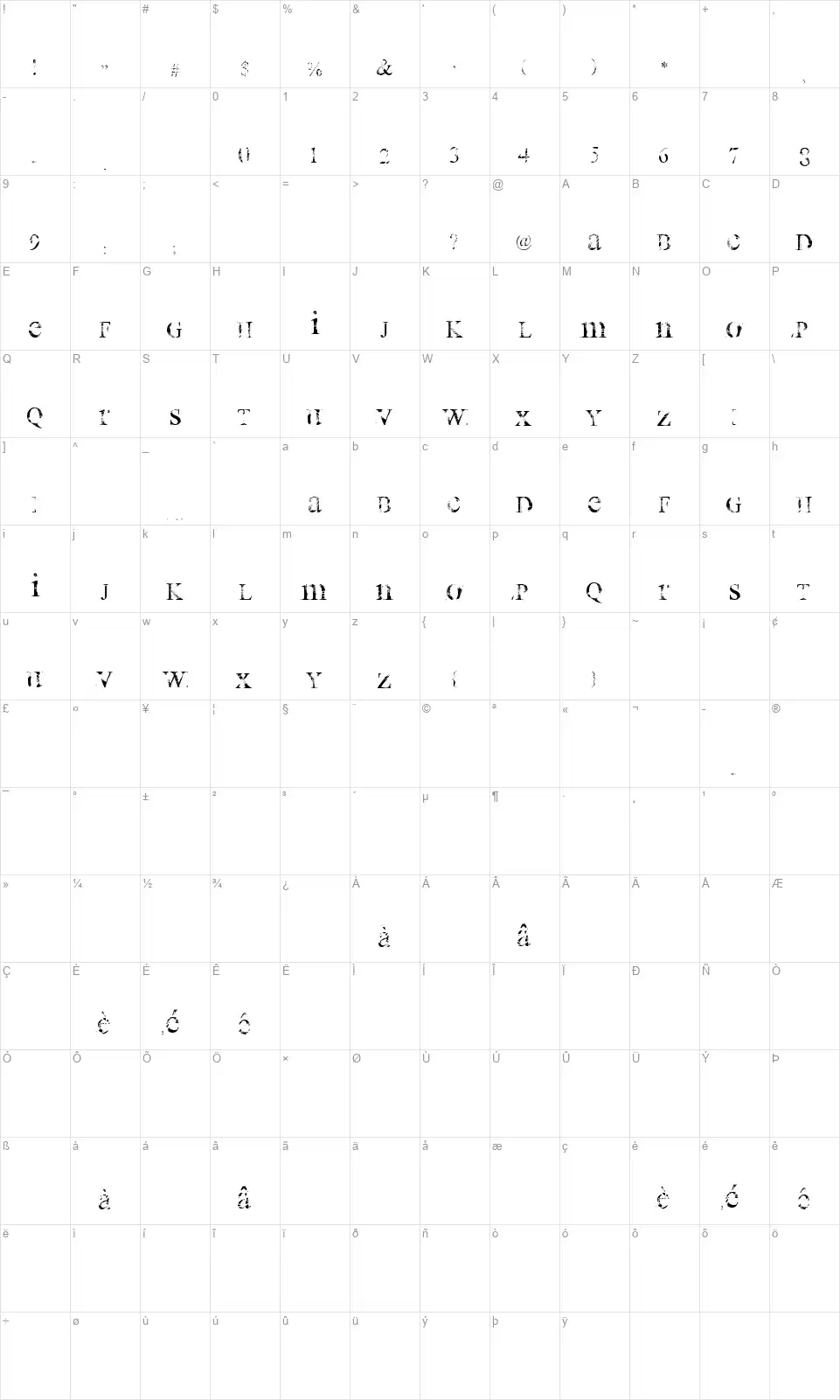 All Used Upfont character map