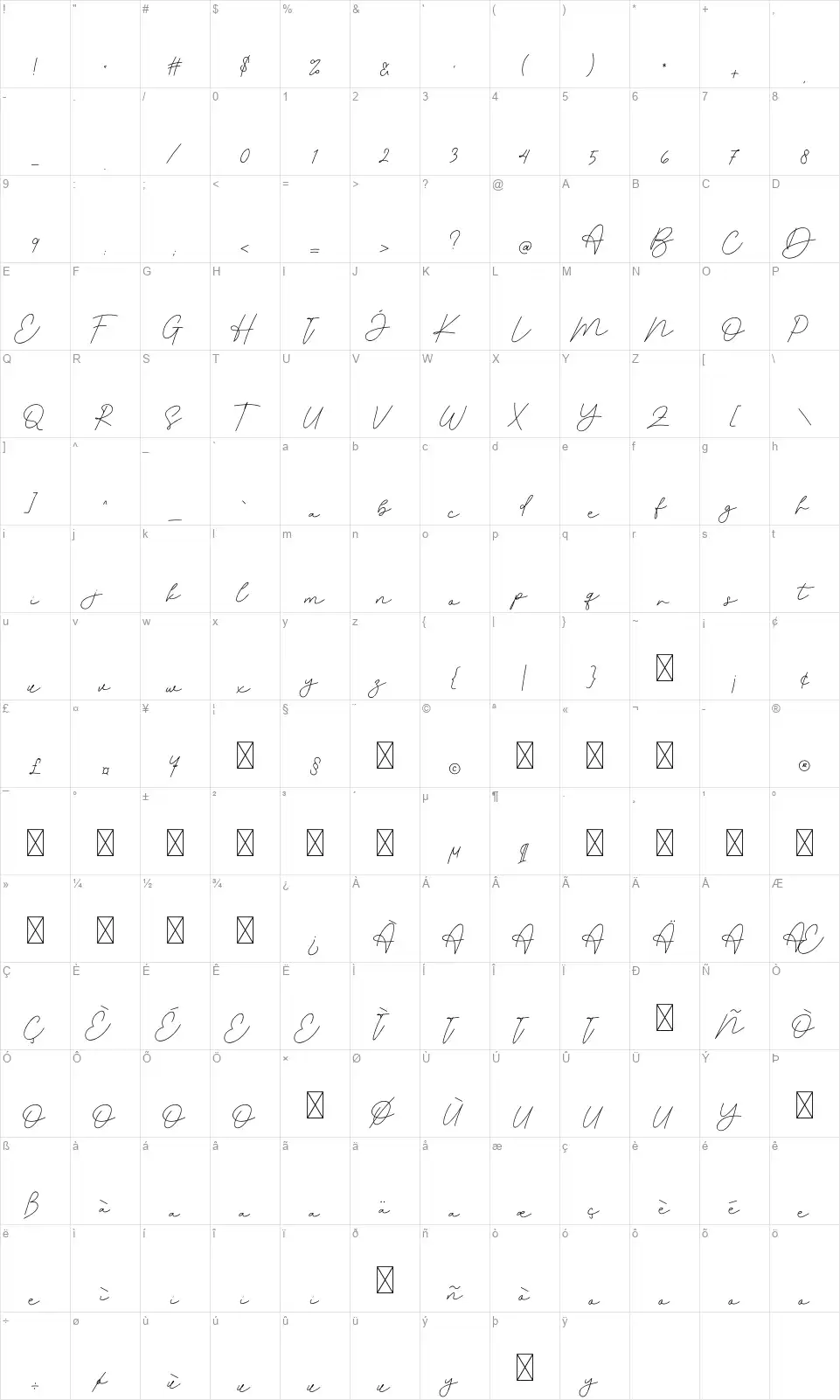 Anastaciafont character map