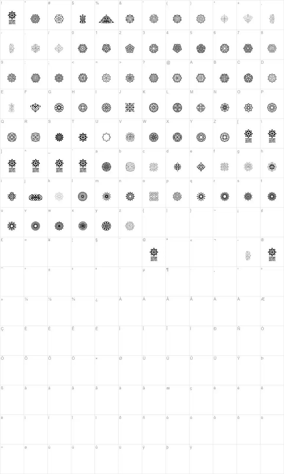 Arabesque Ornamentsfont character map