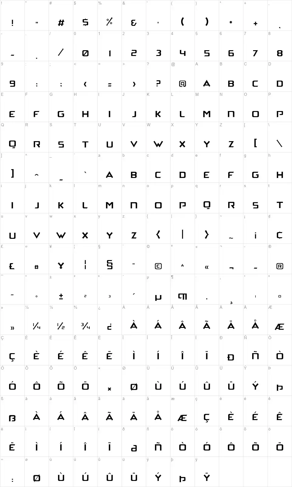 Archenafont character map