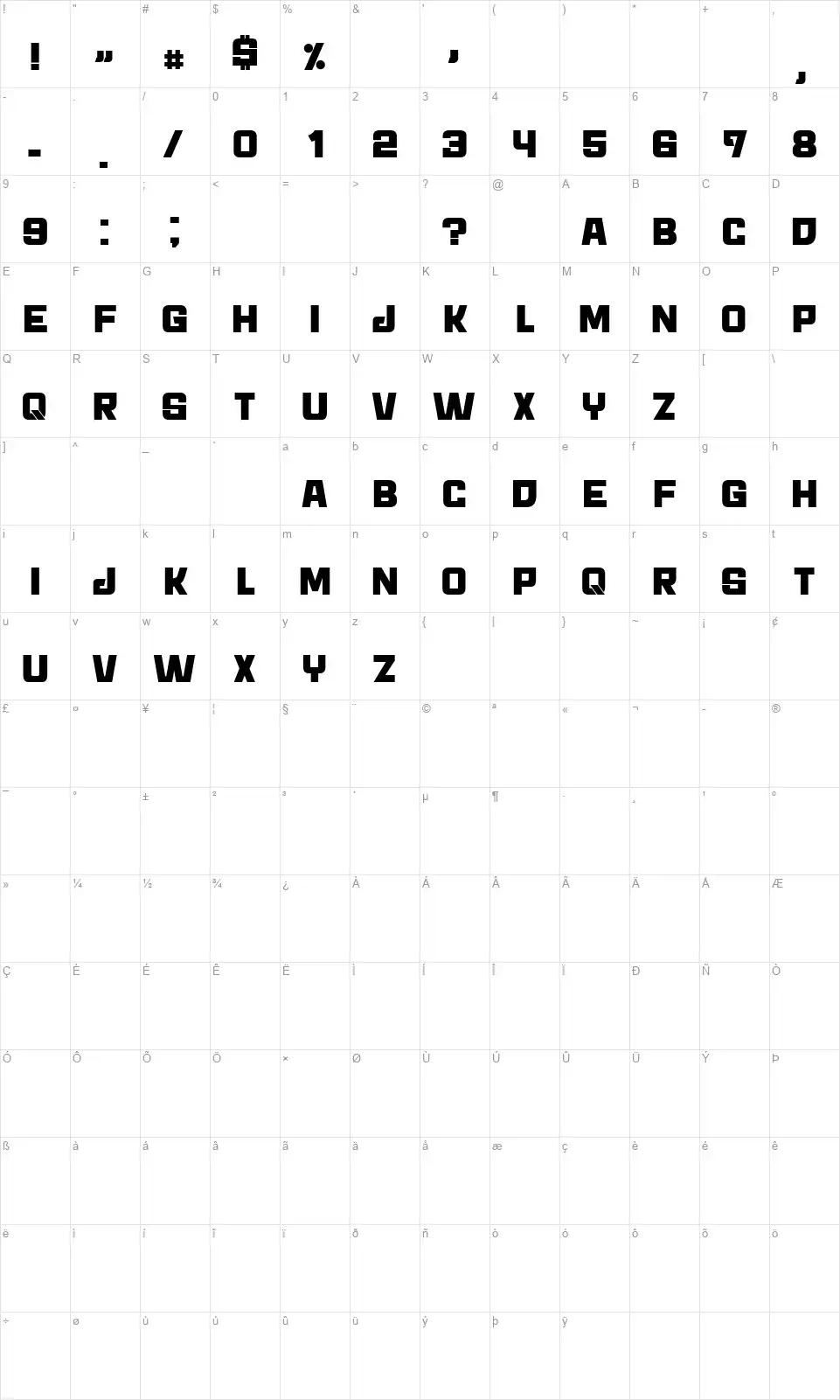 Archigadgetfont character map