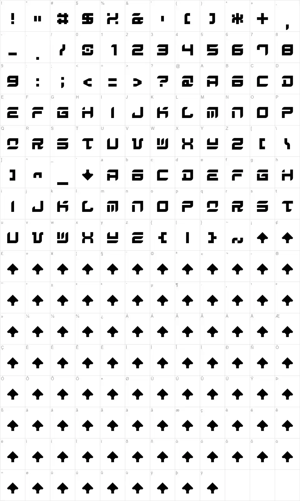 Arrow Stomperfont character map