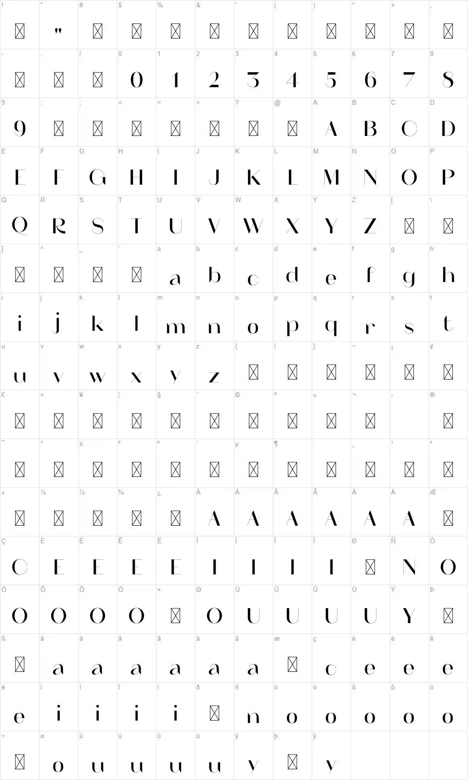 Artheadfont character map