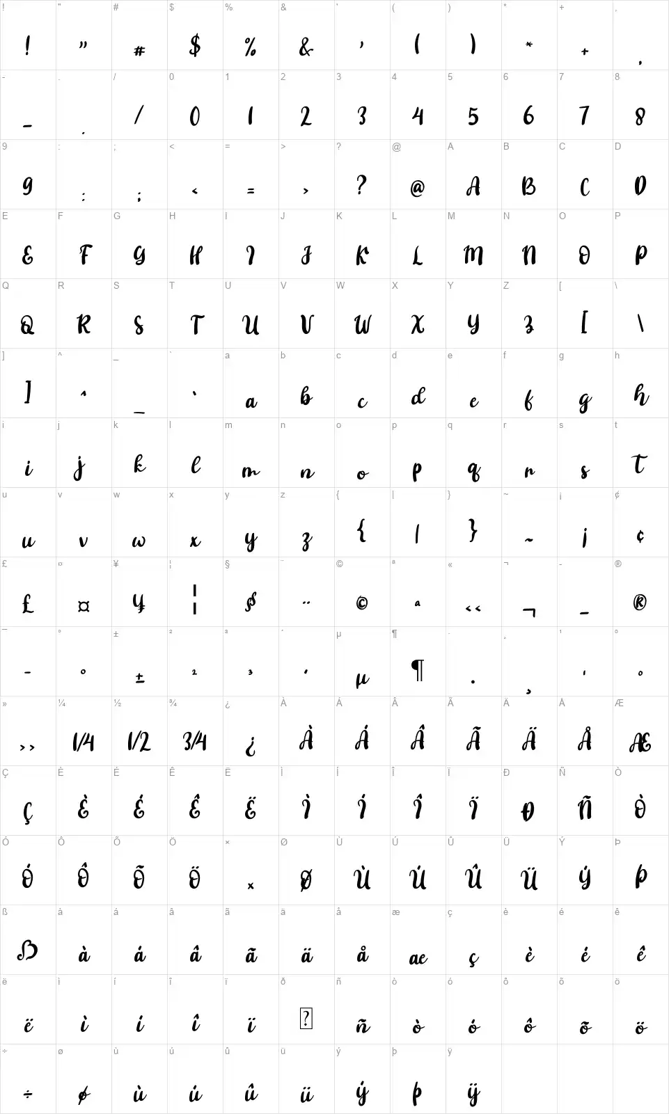 Ashifafont character map