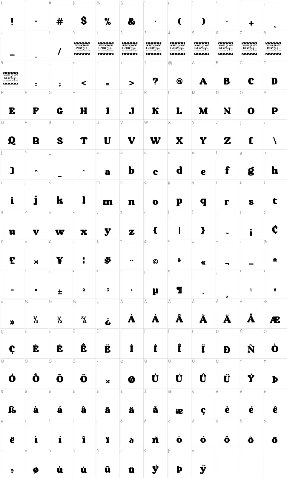 Auberginefont character map