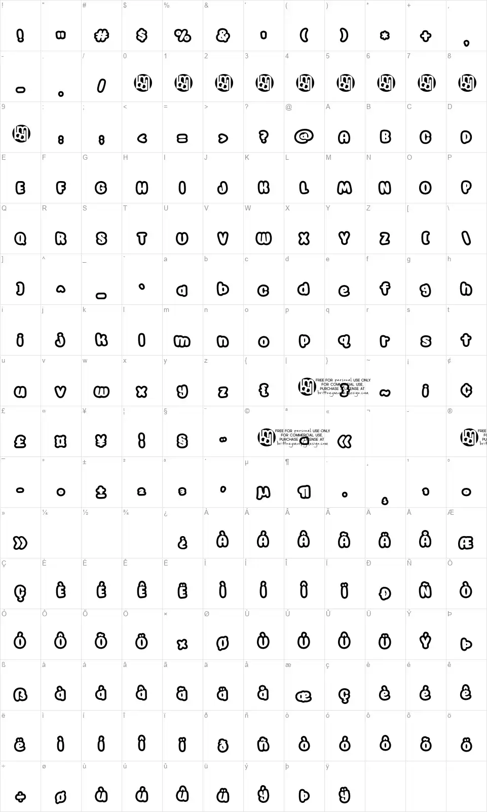 Awesome Possum Outlinefont character map