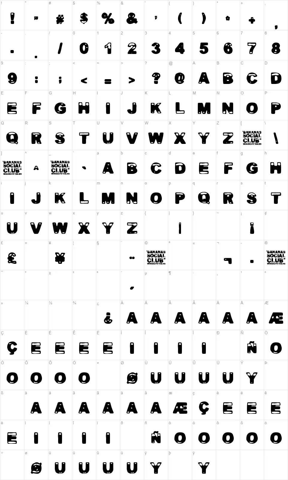 Bananas Social Clubfont character map