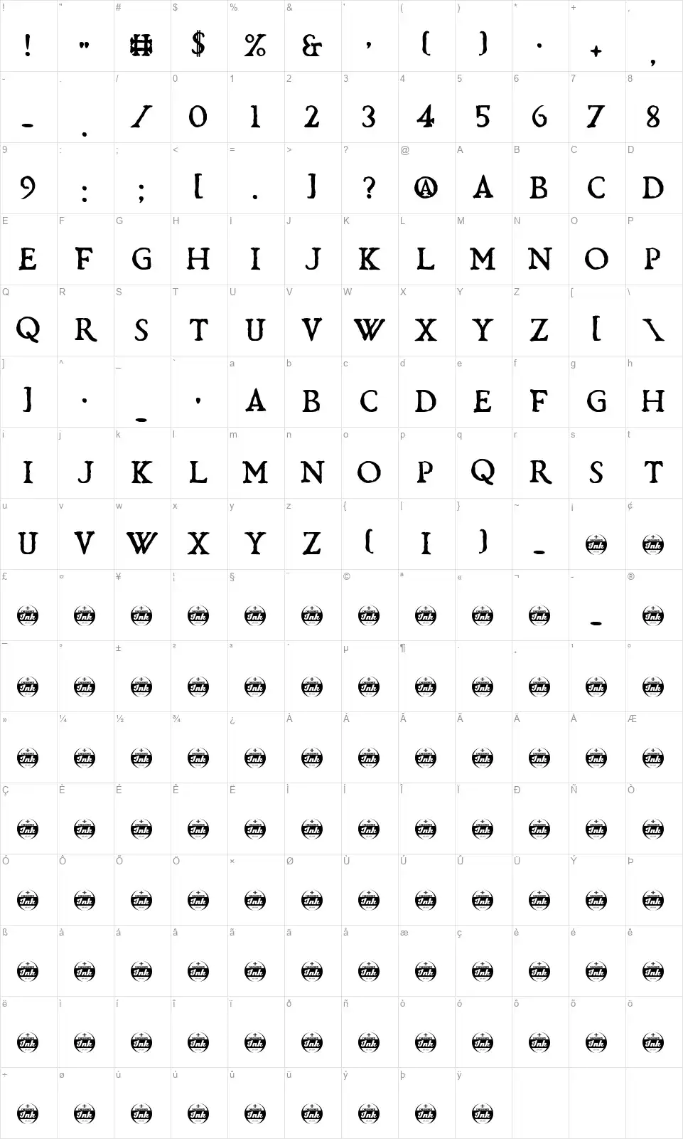 Bardolatryfont character map