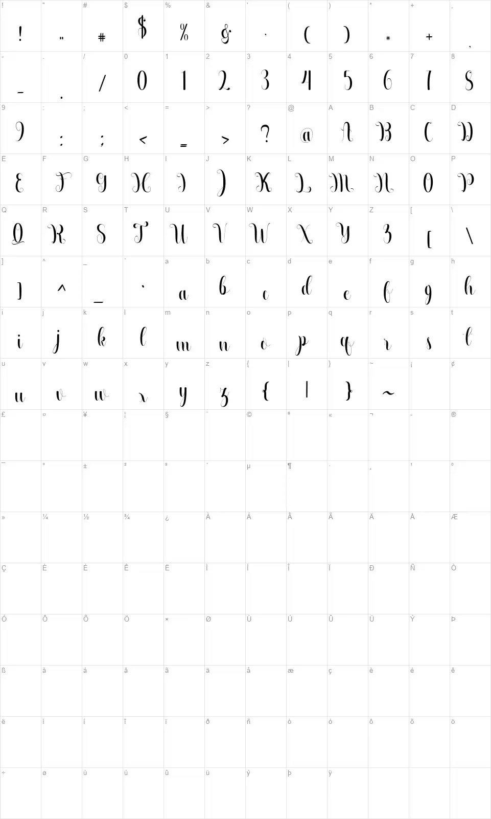 Beautiful Calligraphyfont character map