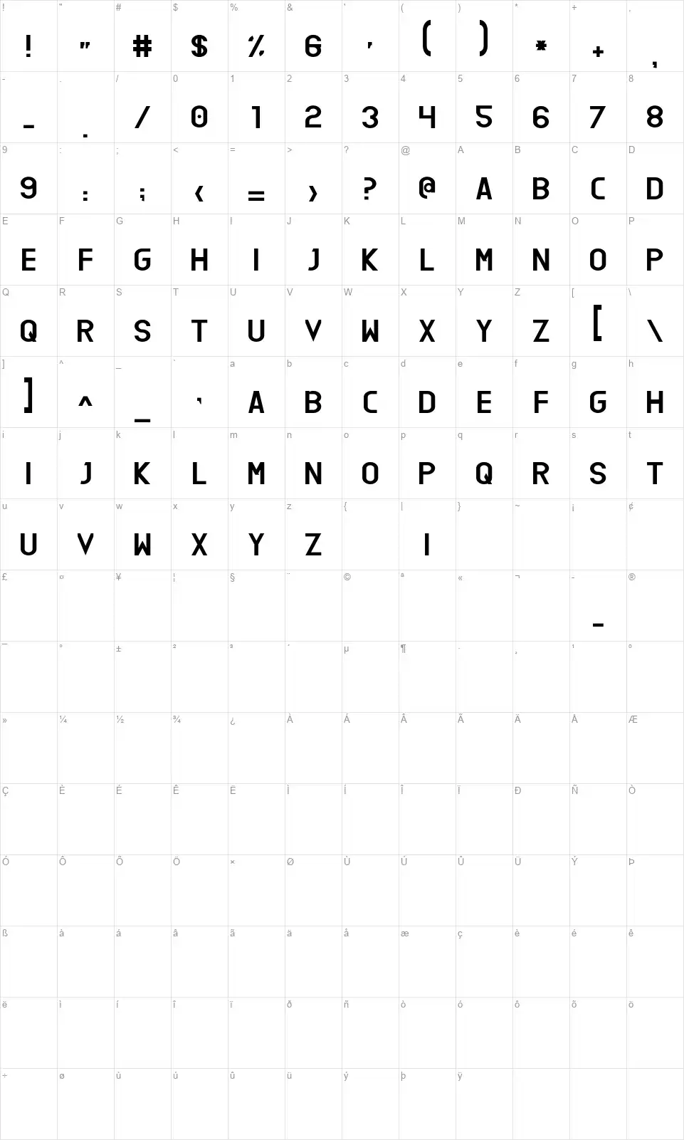 Begalfont character map
