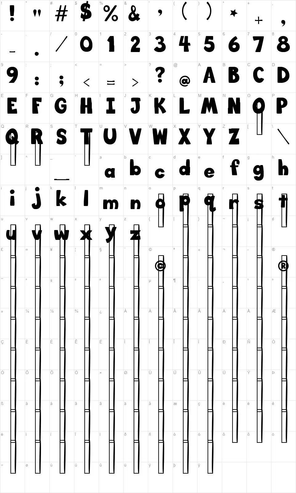 Big Bottom Cartoonfont character map