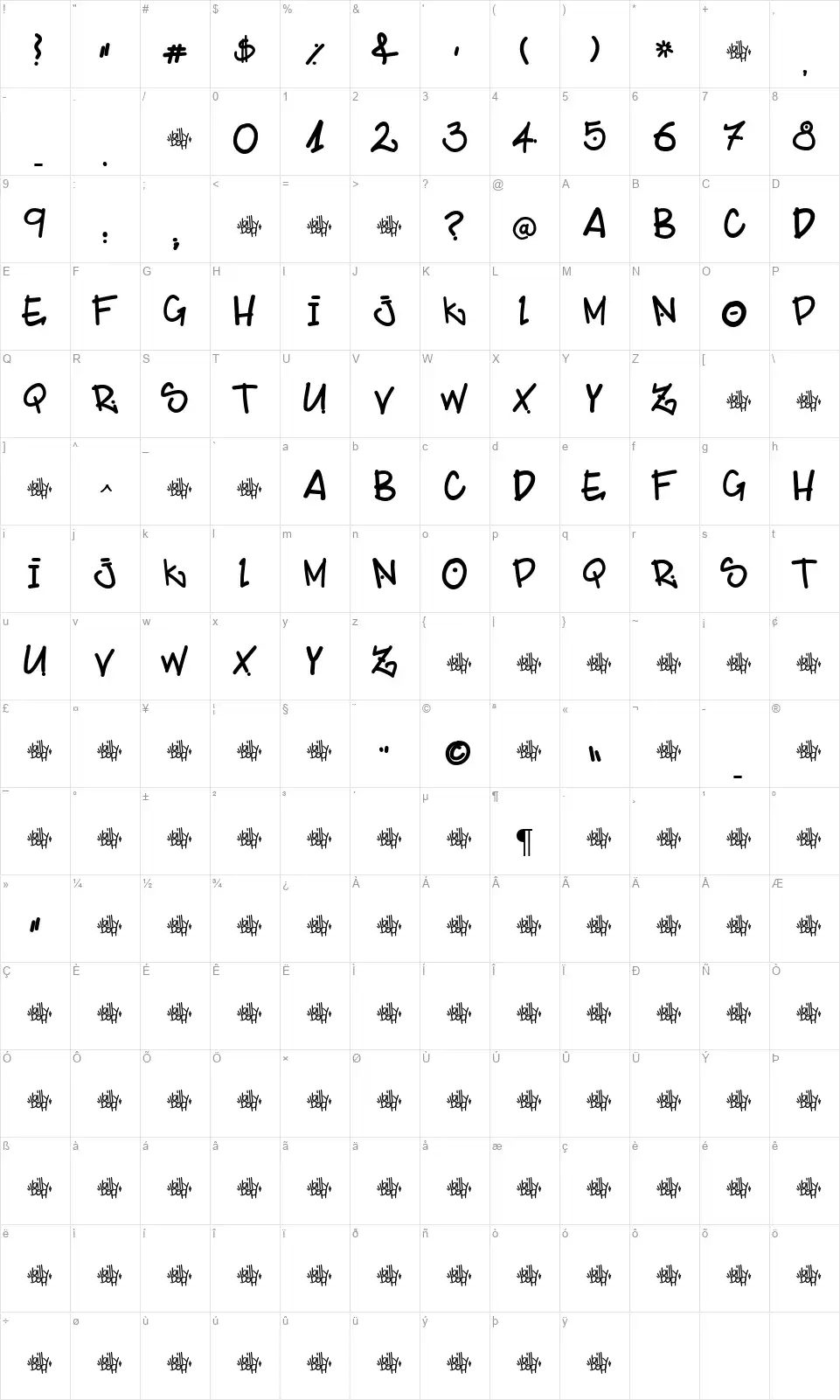 BillyBop Maj Tagfont character map