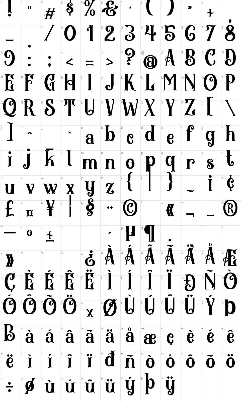 Black Arcadefont character map