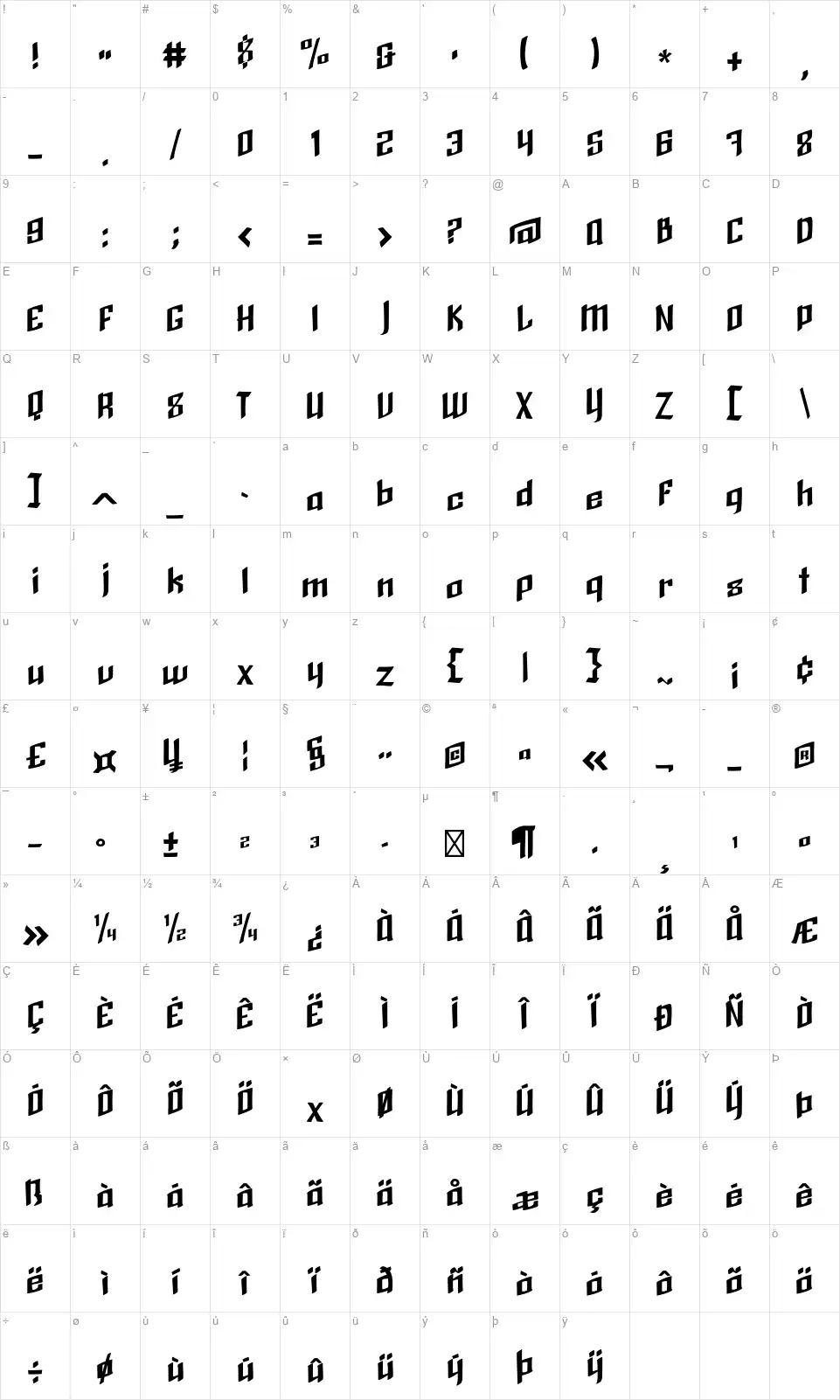 Black Brushfont character map