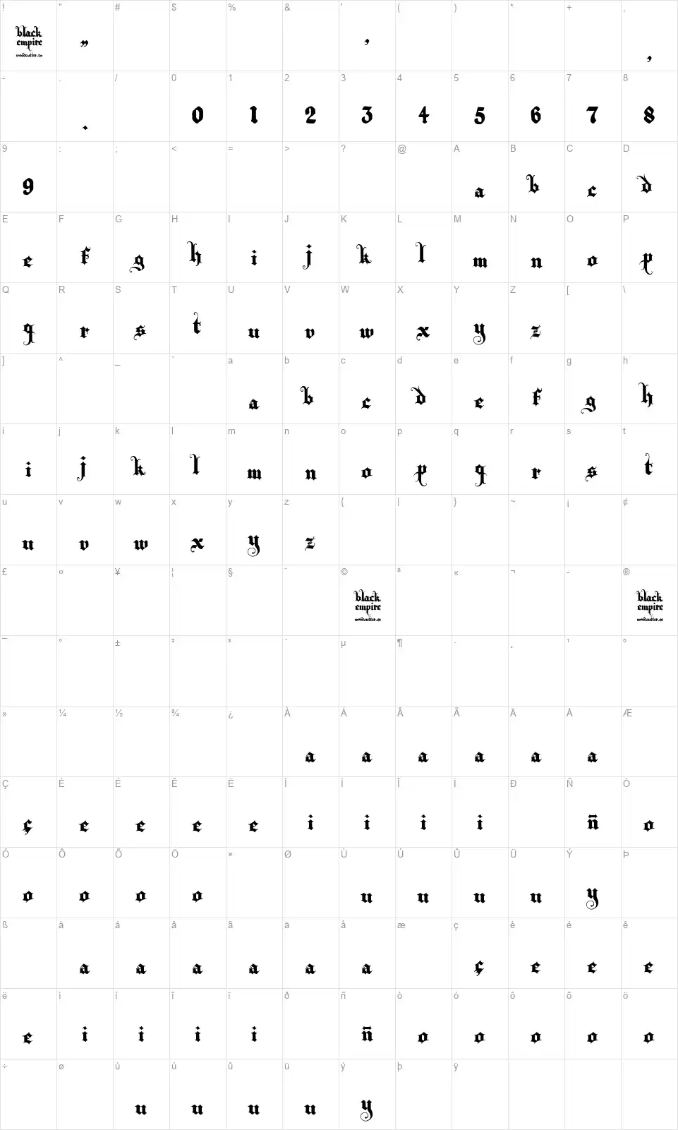 Black Empirefont character map