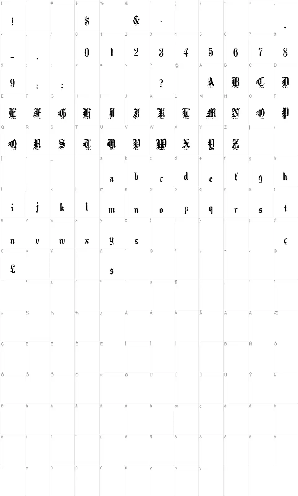 Black Ornamented, No. 542font character map