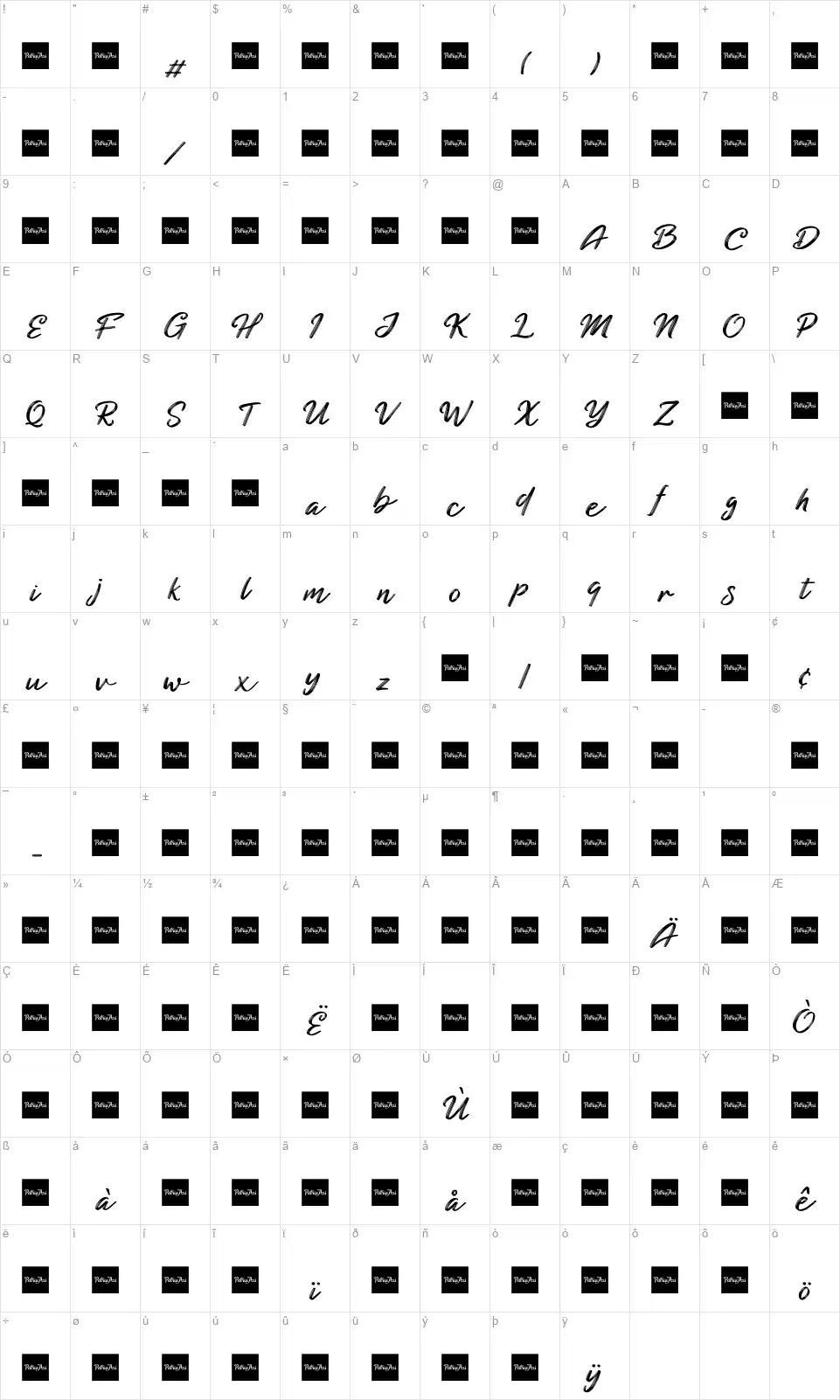 Blackened Scriptfont character map