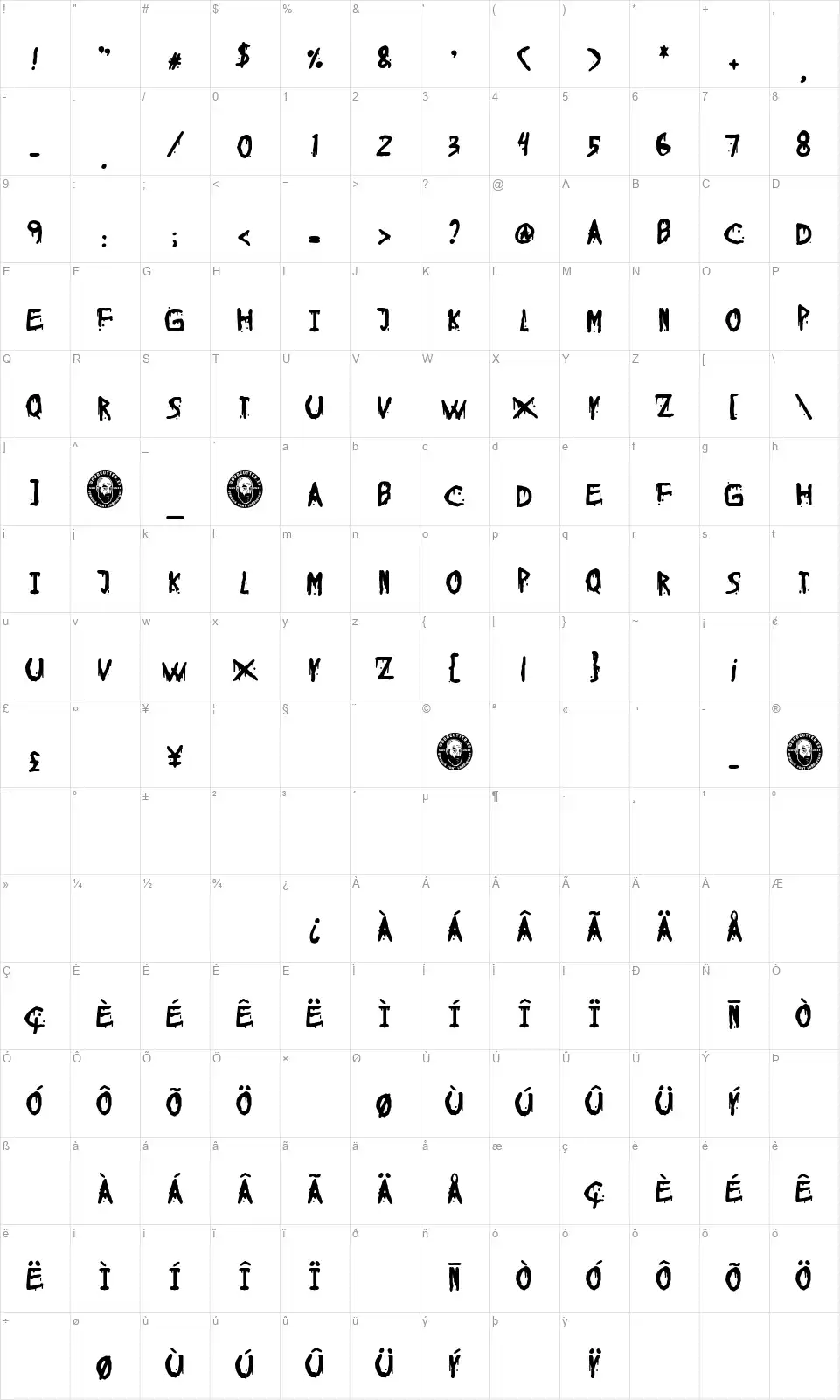 Blood & Horrorfont character map