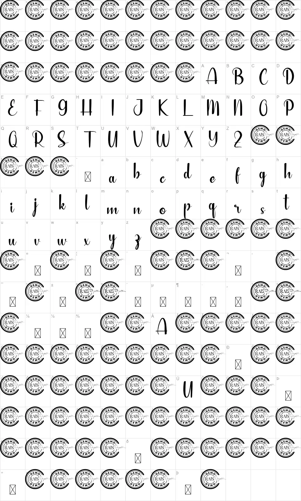 Blushfulfont character map