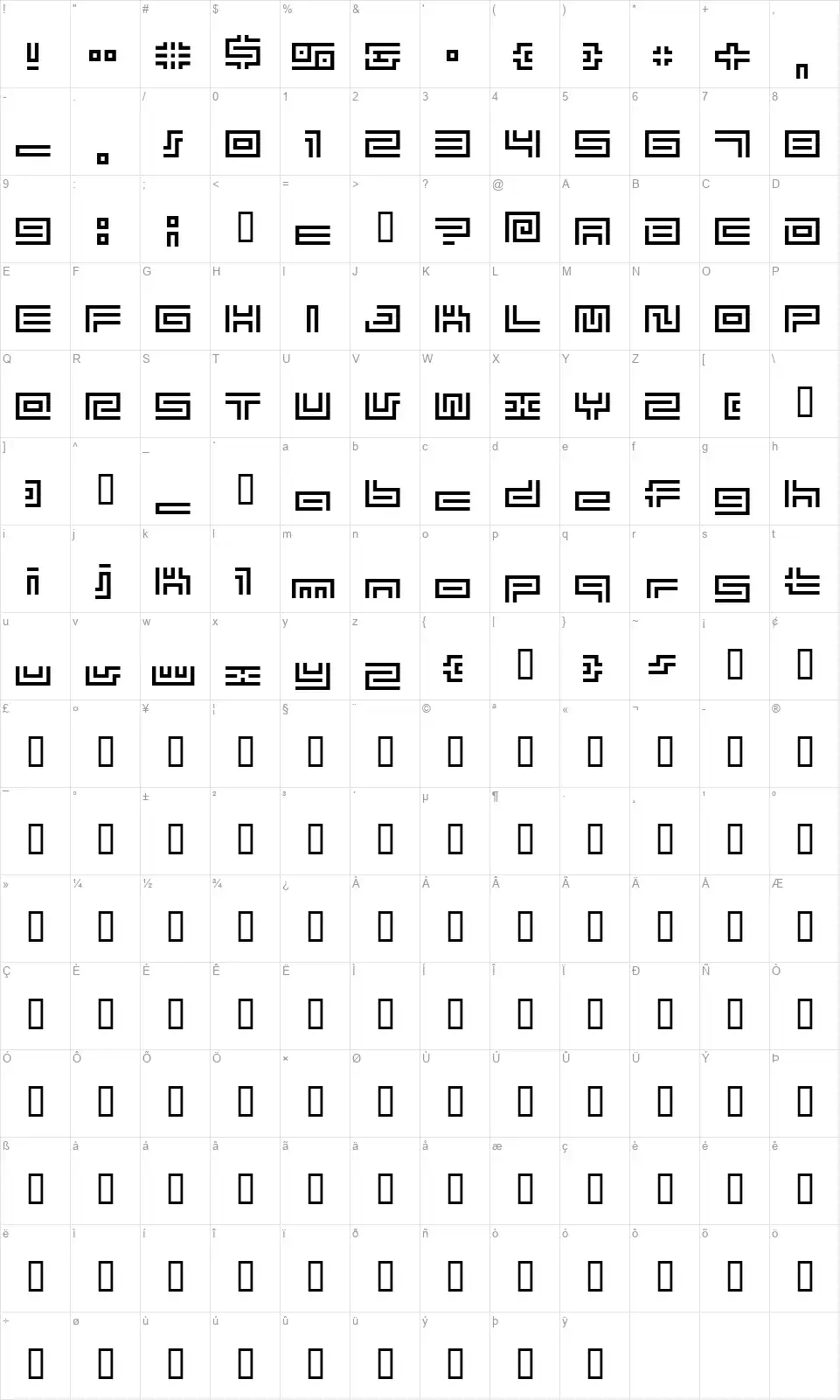 BM Tubefont character map
