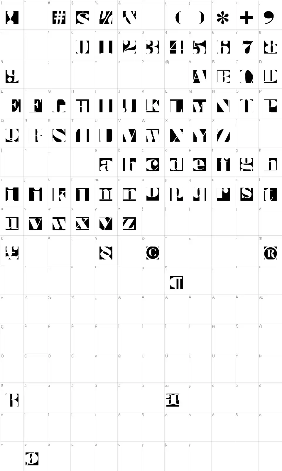 Bodoblack Squaresfont character map