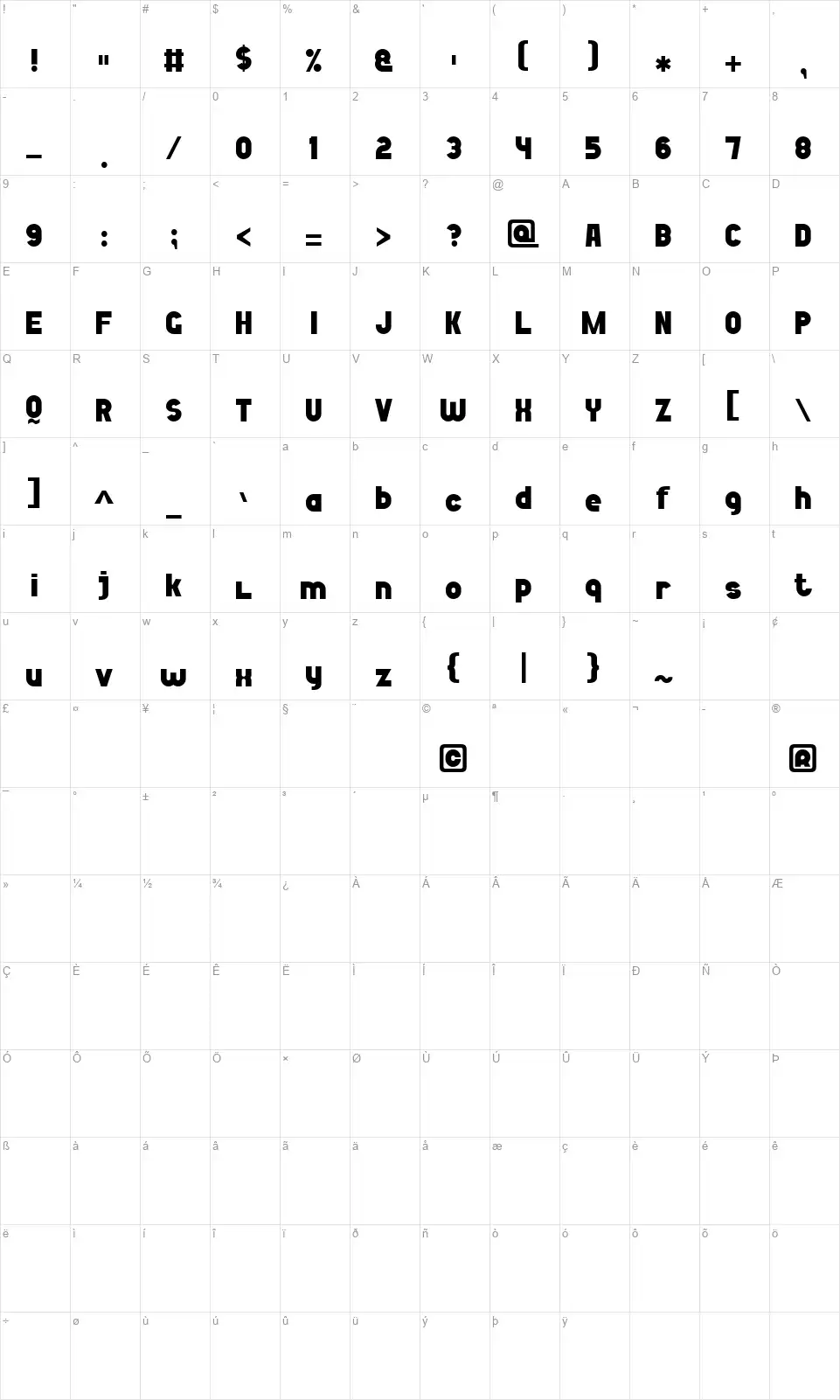 Bold Game Font 7font character map