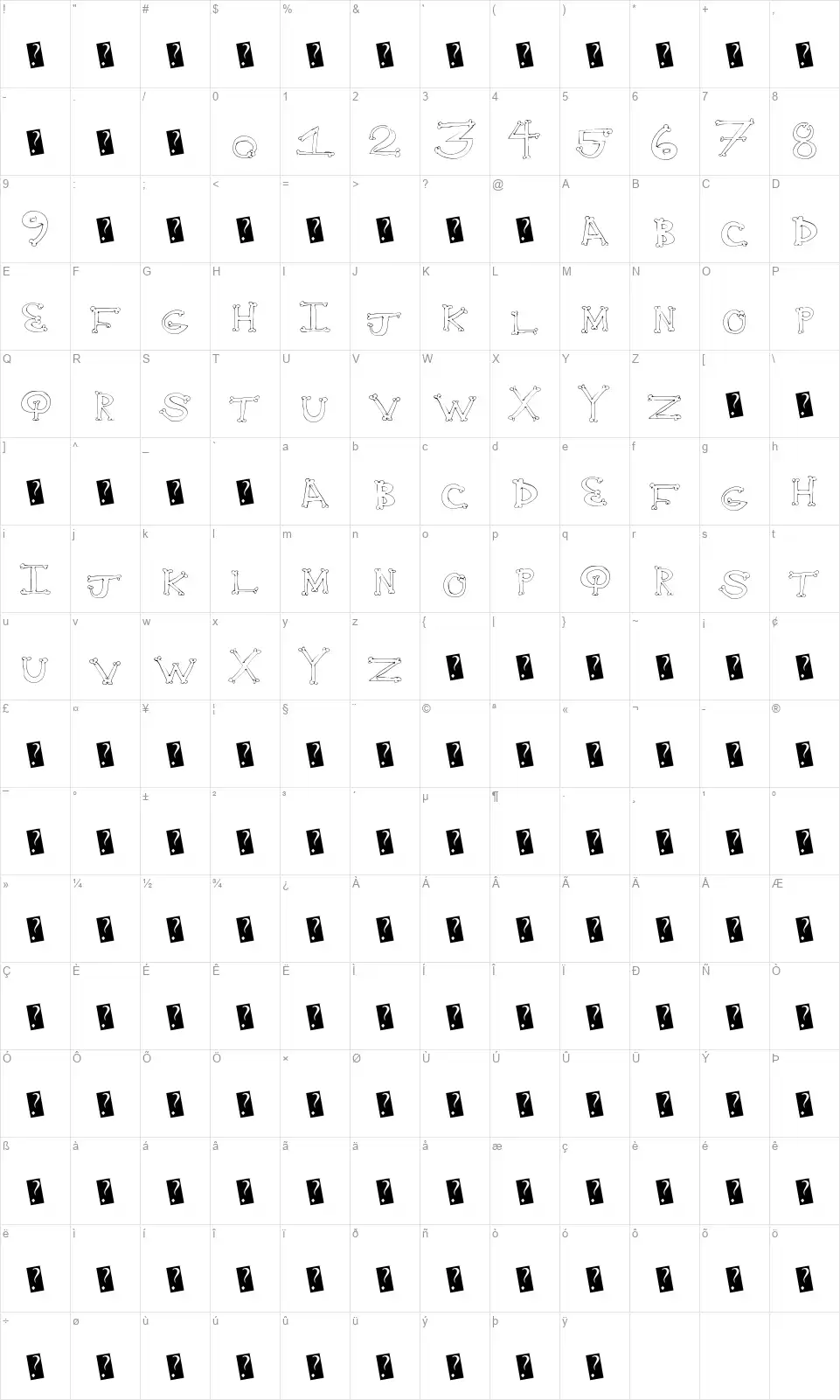 Bone Yardfont character map