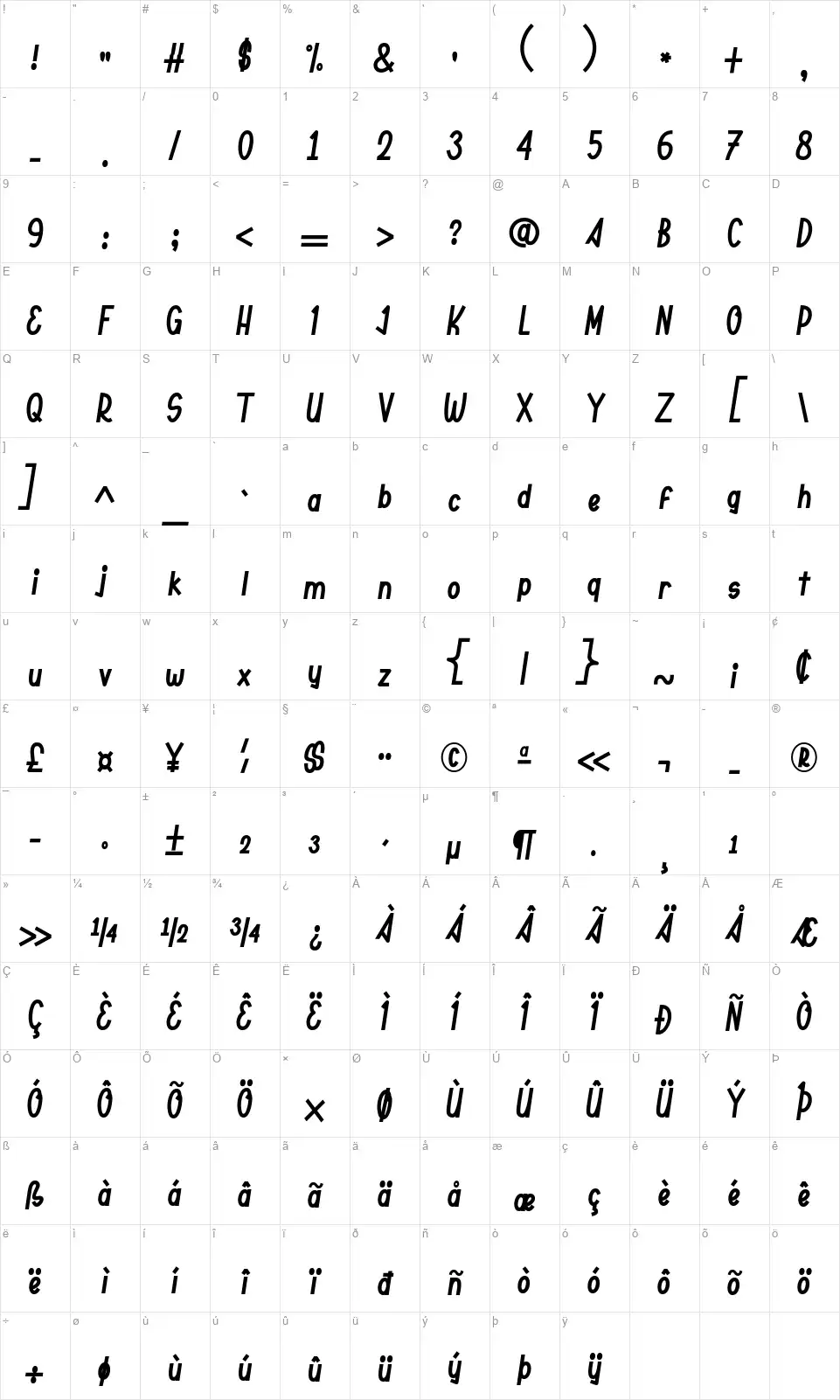 Boosentfont character map