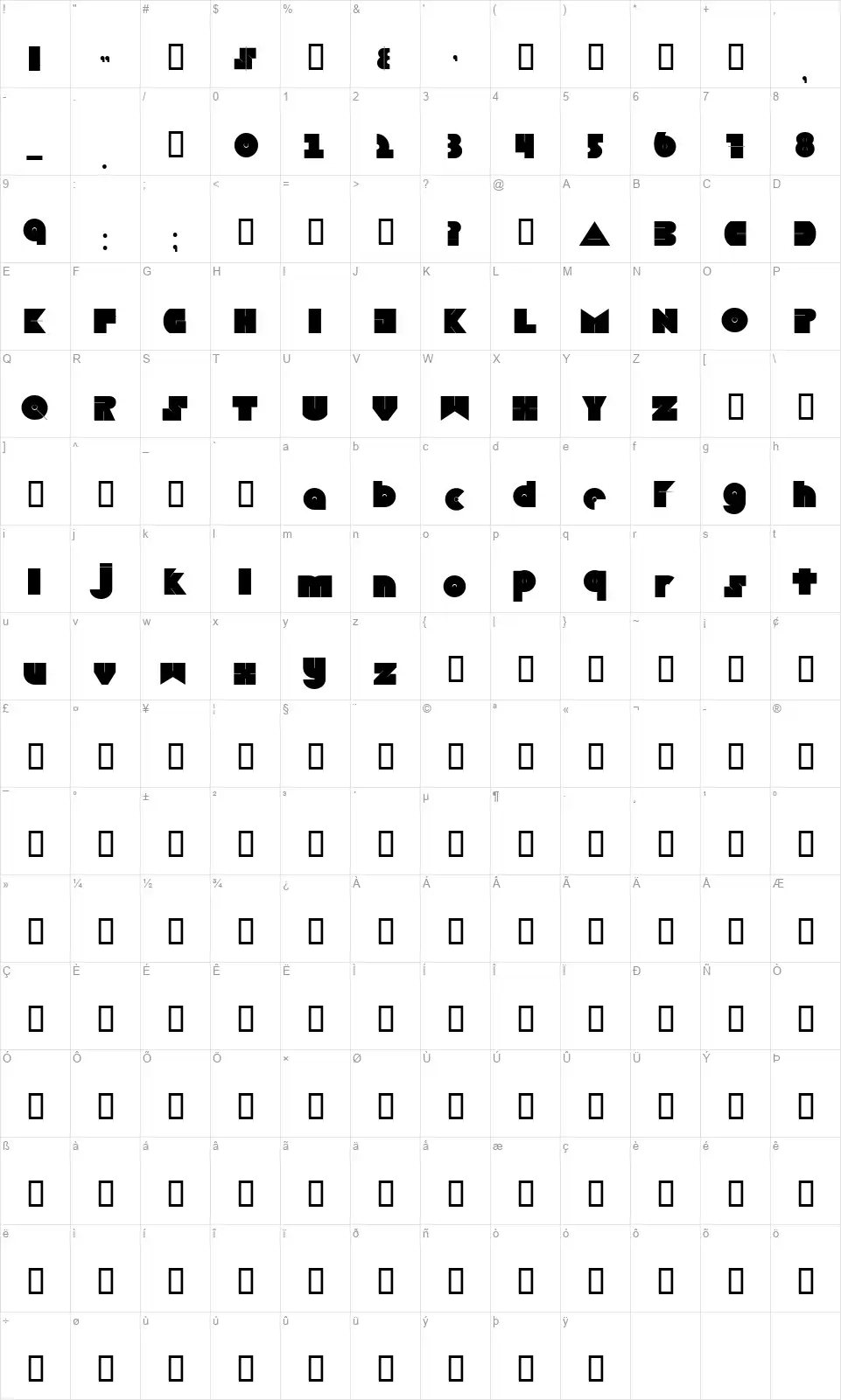 Boredomfont character map
