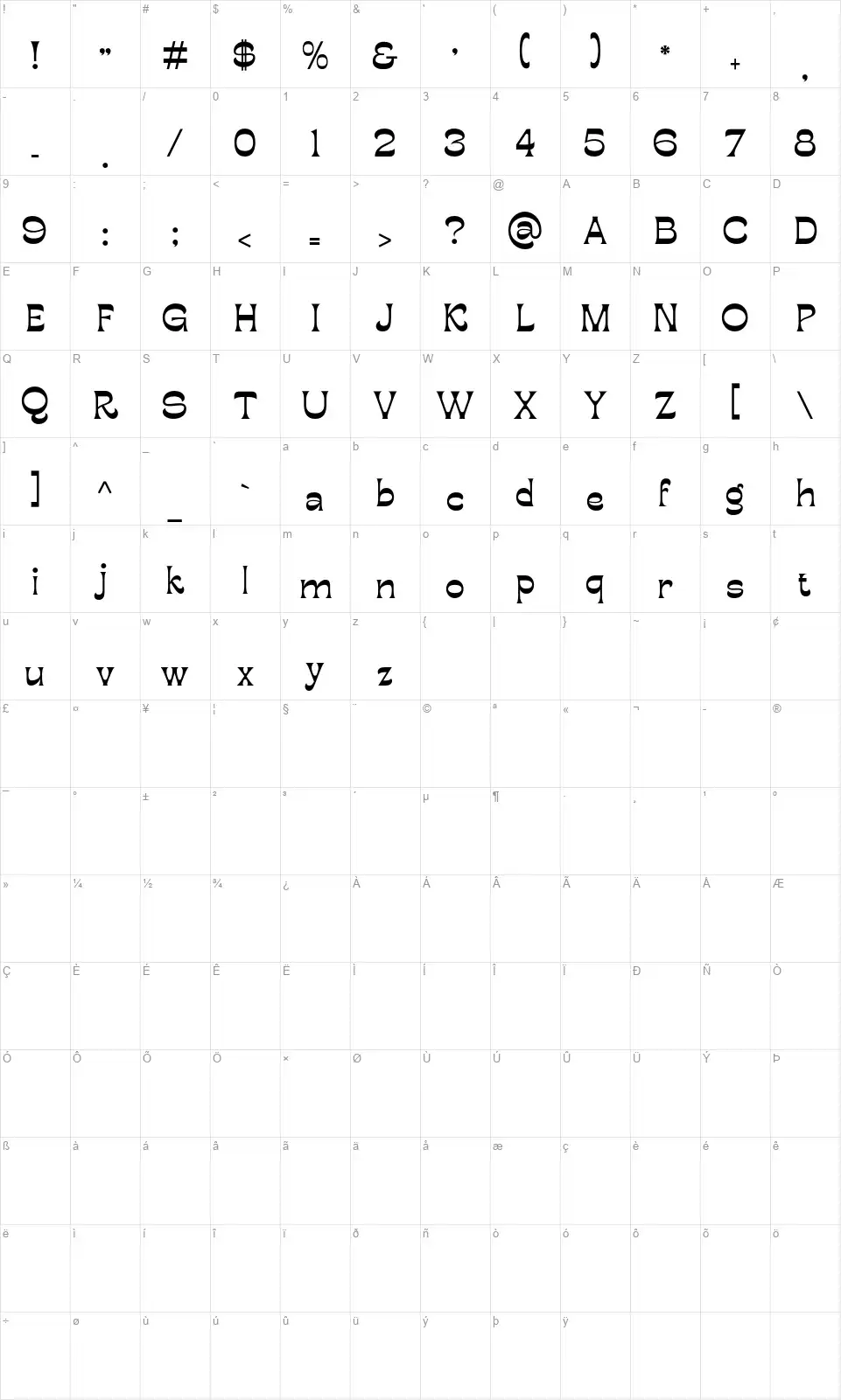 Bougerose Displayfont character map