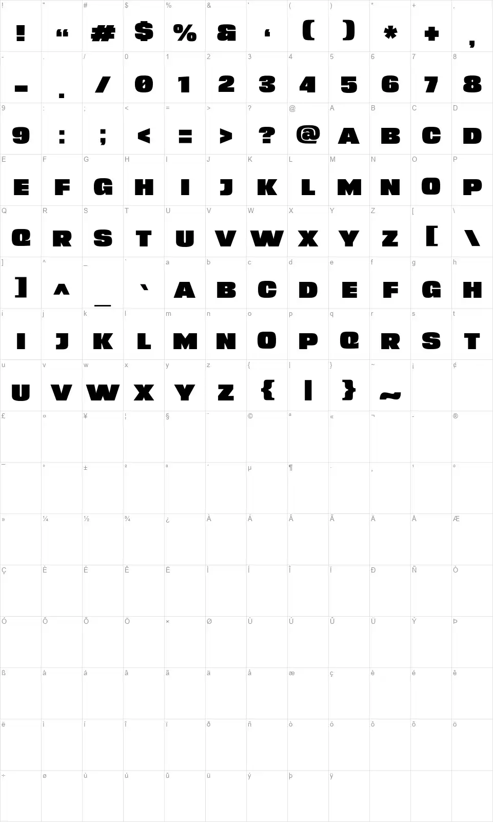 Brexterfont character map