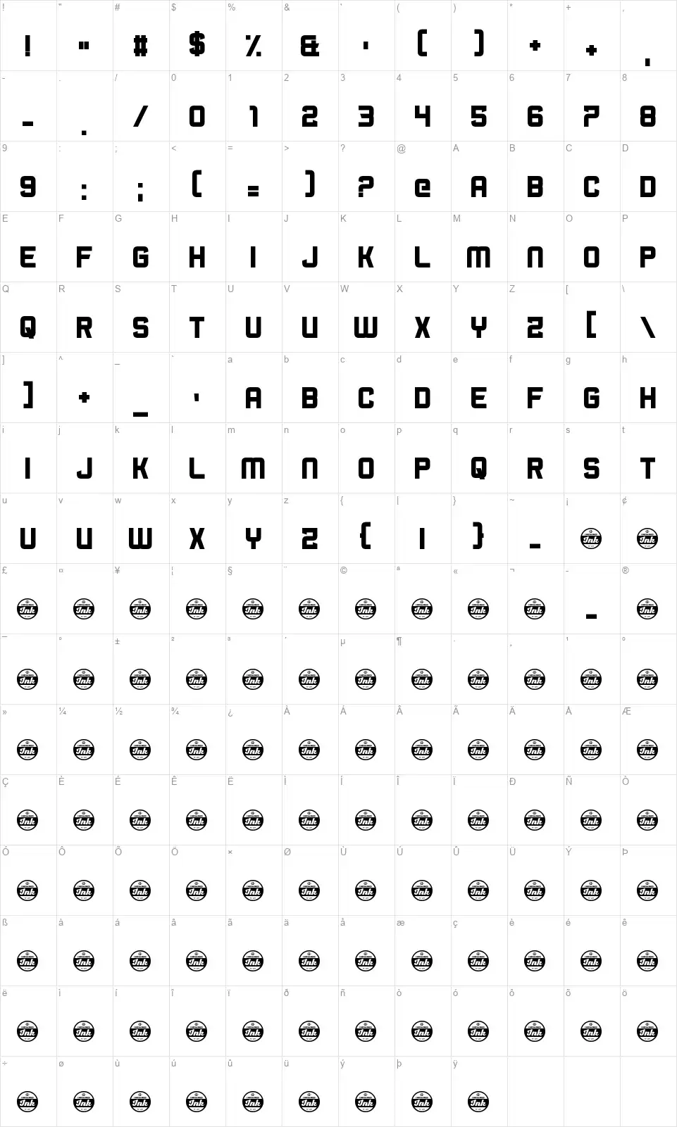 Bromine Cocktailfont character map