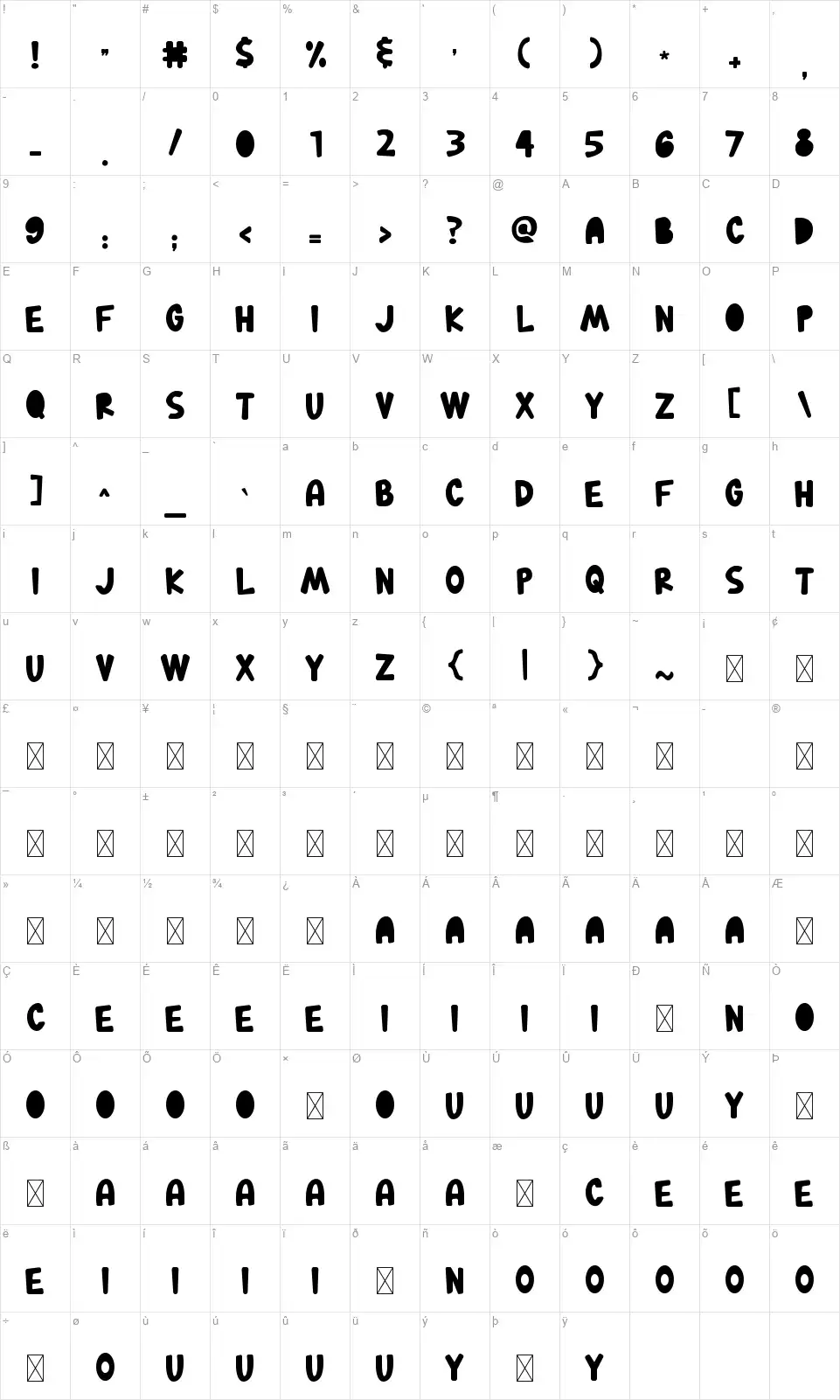 Bubasaurfont character map