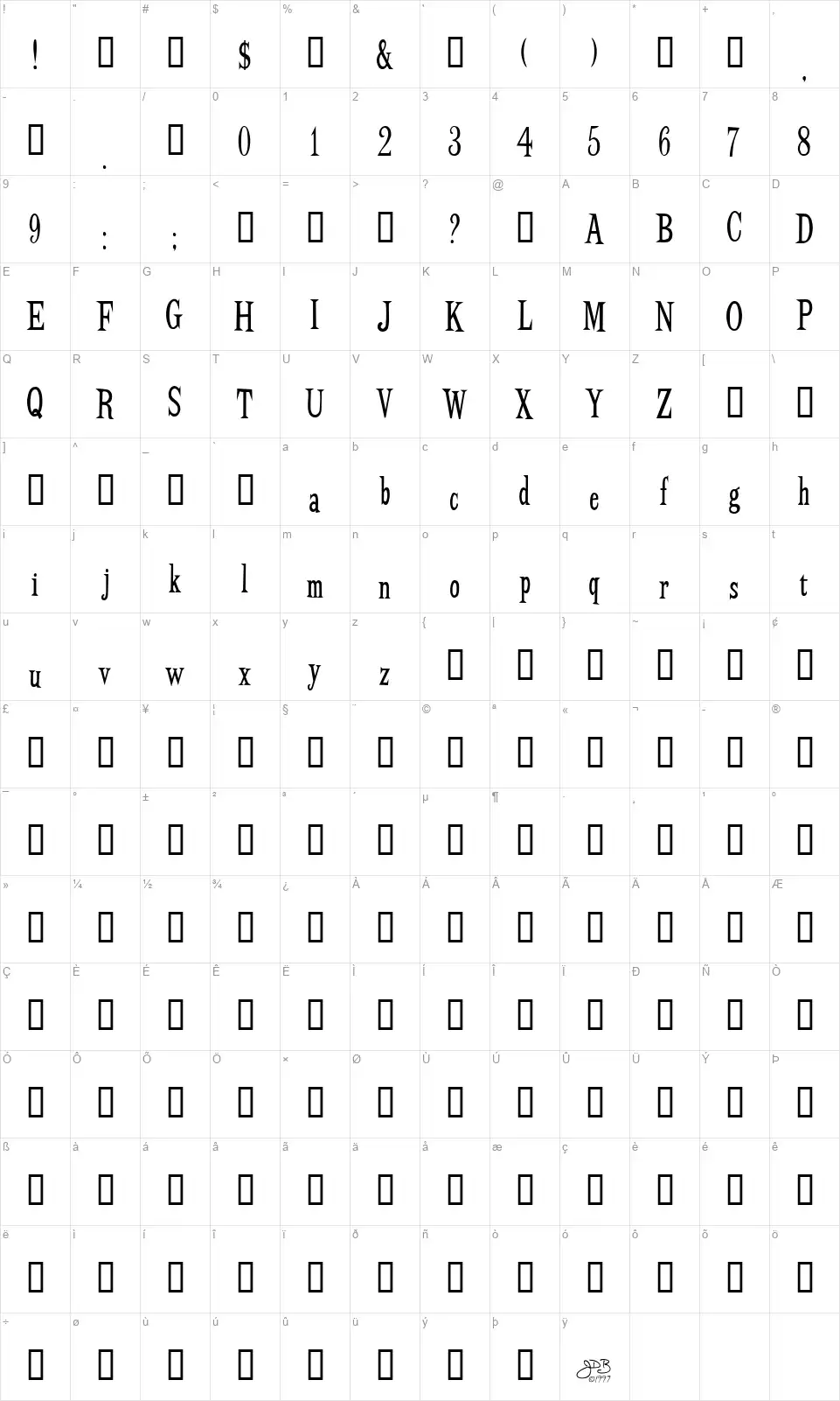 BudBirdfont character map