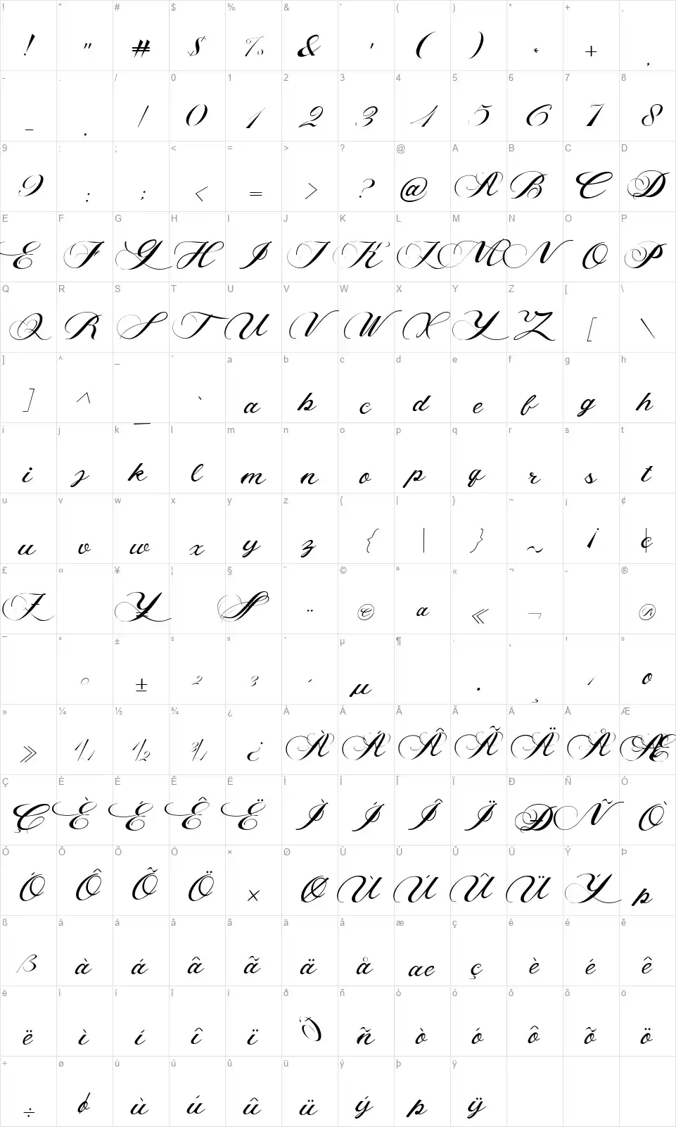 Callidarfont character map