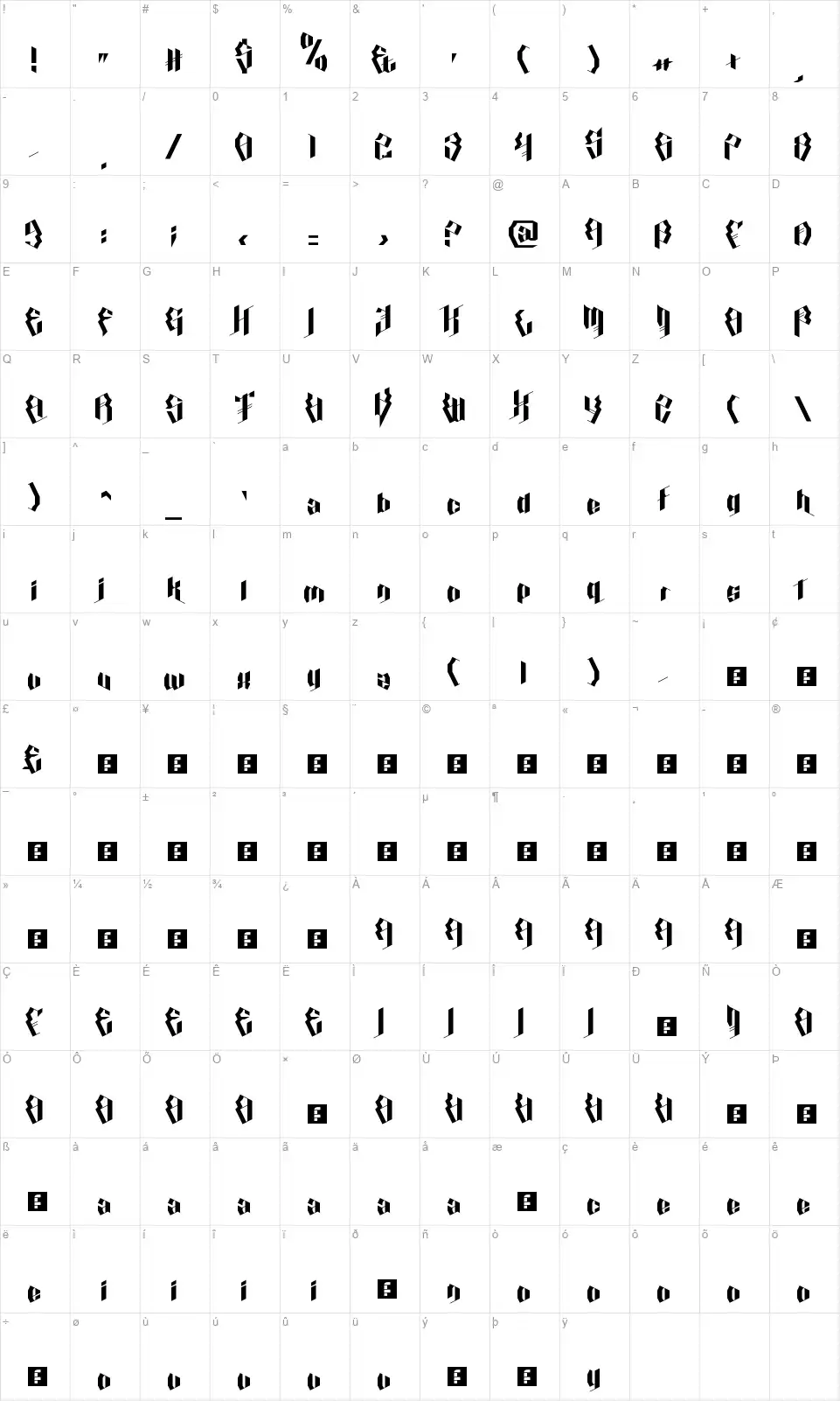 Calligraphy Aquiverfont character map