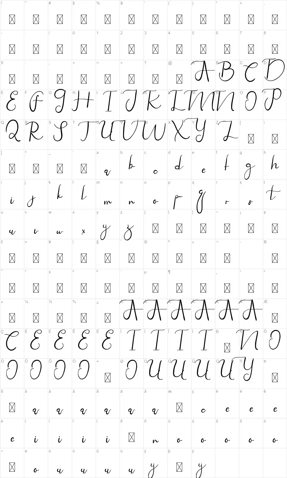 Canvasheadfont character map