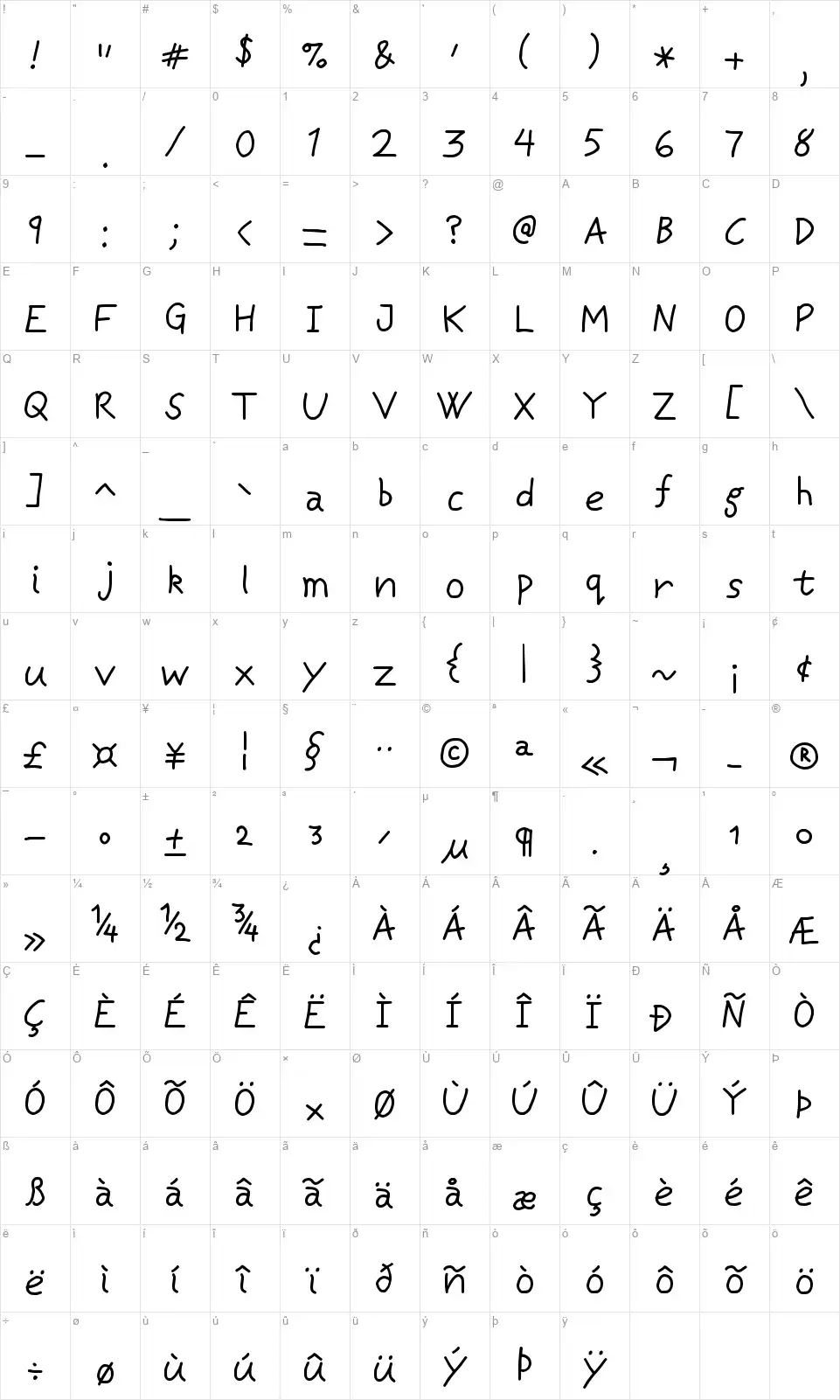 Casuwaltfont character map