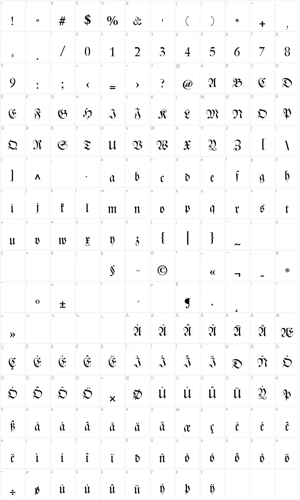 CAT Zentenaer Fraktur UNZ1font character map