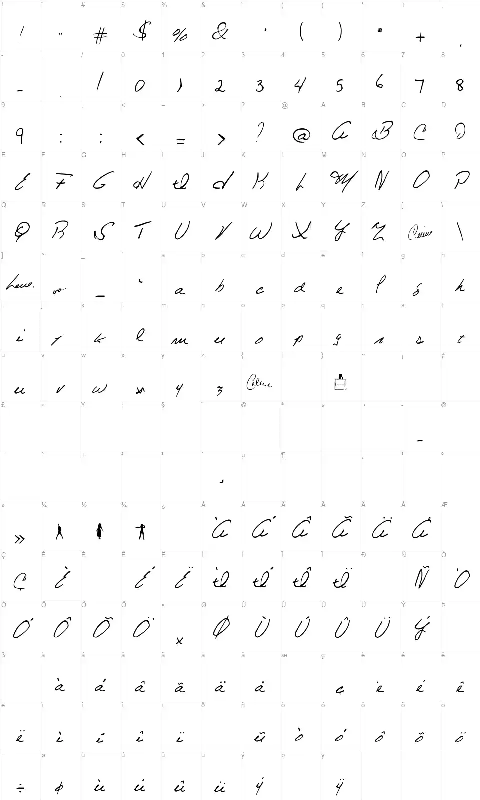 Celine Dion Handwritingfont character map