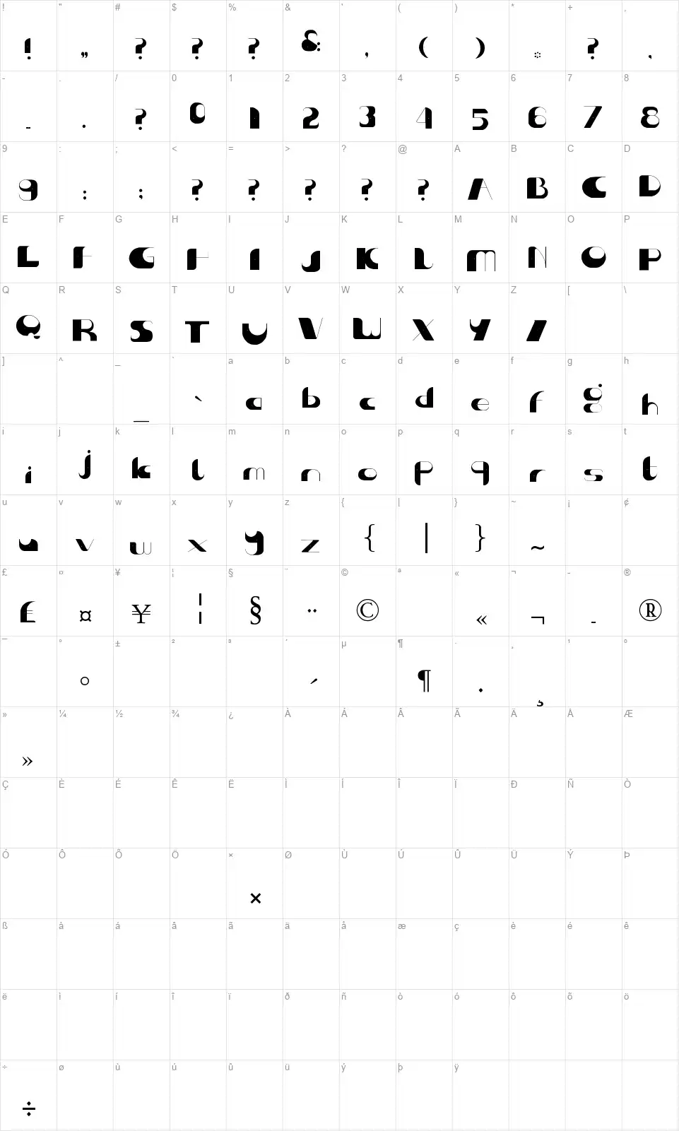 Center of Gravityfont character map
