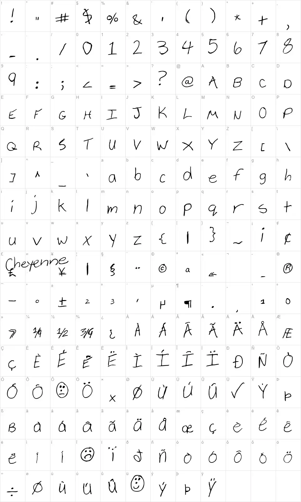 Cheyenne Handfont character map