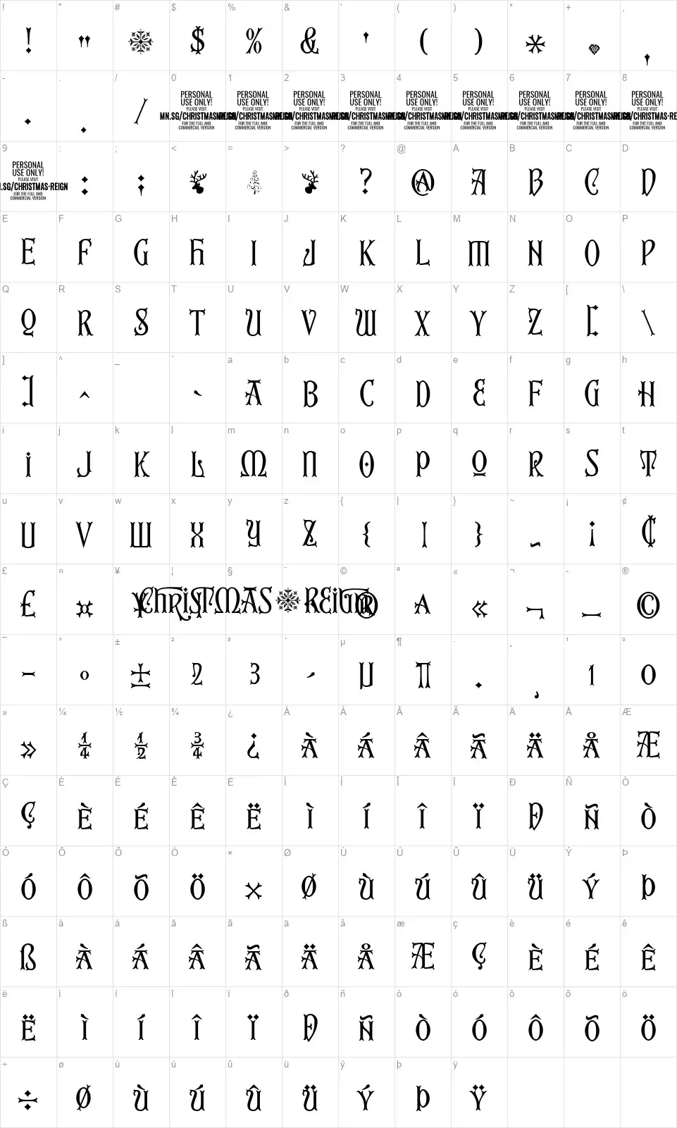 Christmas Reignfont character map