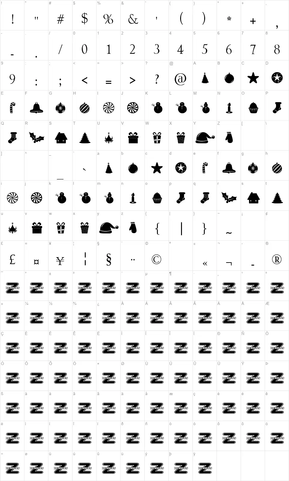 Christmas Shapesfont character map