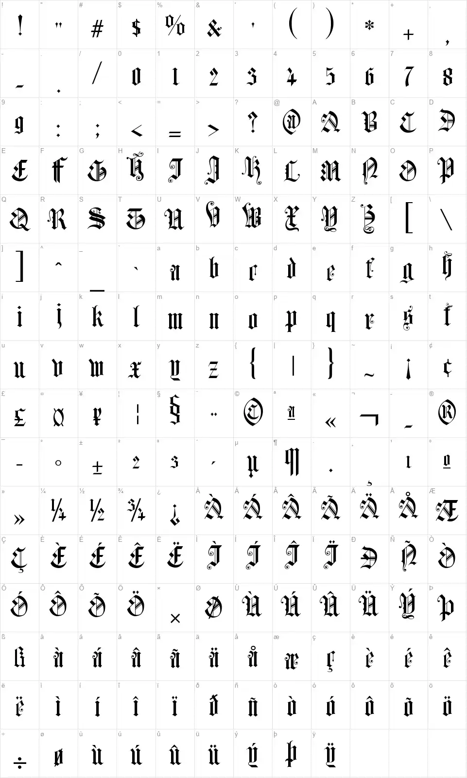 Church Text Bfont character map
