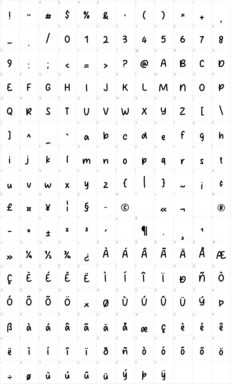 Cloudy Nightfont character map