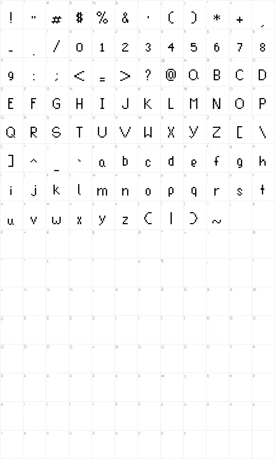 Clynikalfont character map
